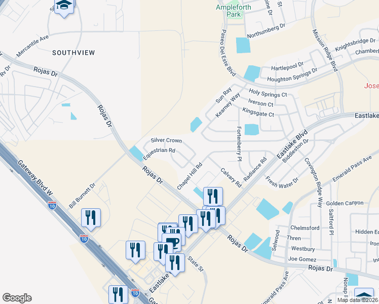 map of restaurants, bars, coffee shops, grocery stores, and more near 12104 Silver Crown Road in Horizon City