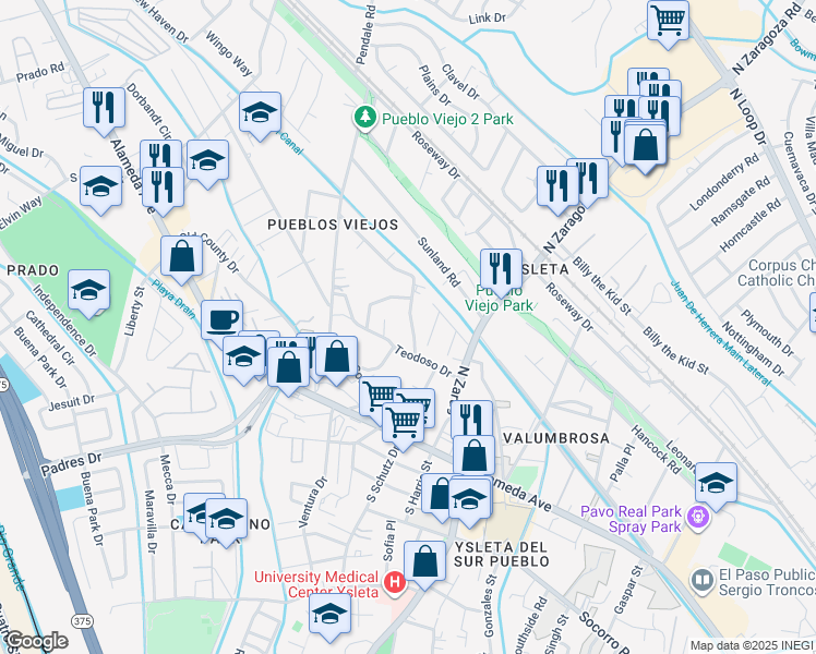 map of restaurants, bars, coffee shops, grocery stores, and more near 8930 Gemotes Place in El Paso