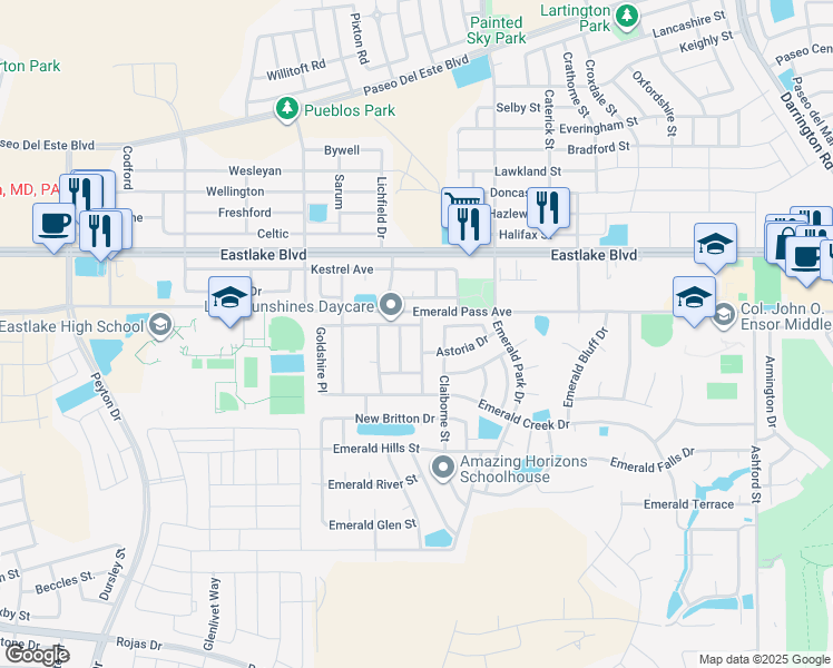 map of restaurants, bars, coffee shops, grocery stores, and more near 479 Coldridge Valley Place in El Paso