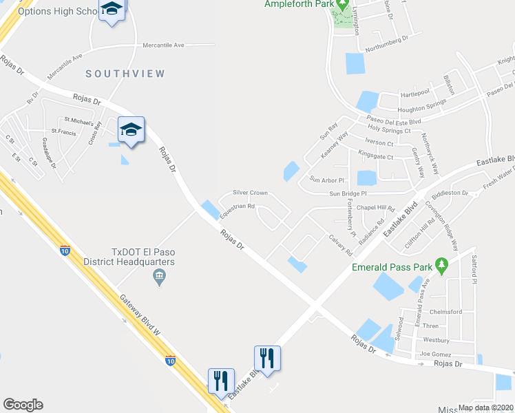 map of restaurants, bars, coffee shops, grocery stores, and more near Equestrian Road in El Paso