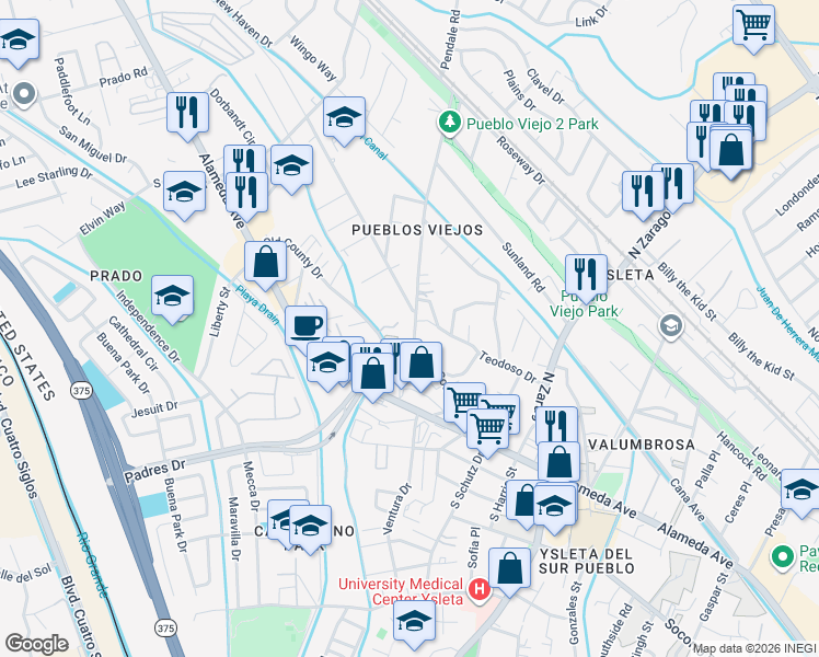 map of restaurants, bars, coffee shops, grocery stores, and more near 117 Pendale Road in El Paso