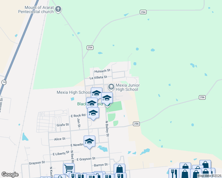 map of restaurants, bars, coffee shops, grocery stores, and more near Jack Oliver Road in Mexia
