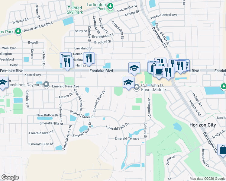 map of restaurants, bars, coffee shops, grocery stores, and more near 444 Emerald Pass Avenue in Horizon City