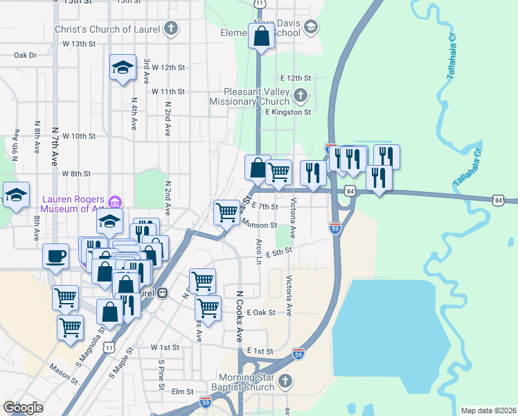 map of restaurants, bars, coffee shops, grocery stores, and more near 698 Arco Lane in Laurel