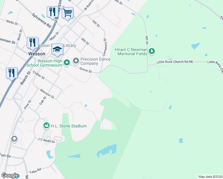 map of restaurants, bars, coffee shops, grocery stores, and more near 1098 Greenbriar Circle in Wesson