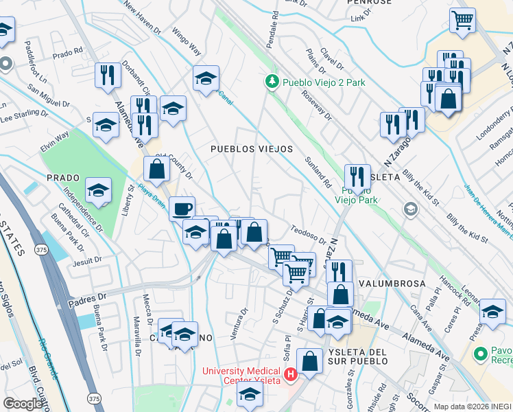 map of restaurants, bars, coffee shops, grocery stores, and more near 117 Pendale Road in El Paso