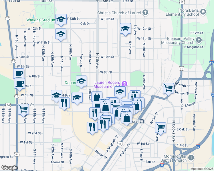 map of restaurants, bars, coffee shops, grocery stores, and more near 706 North 6th Avenue in Laurel