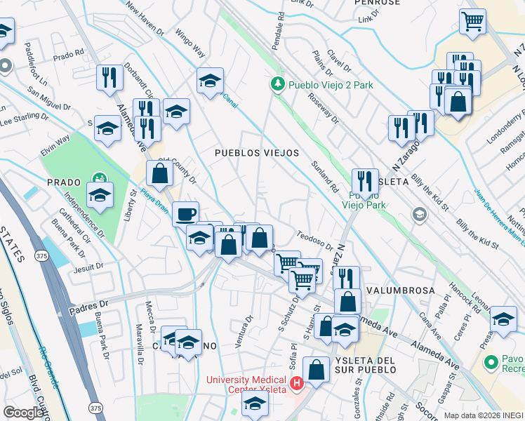map of restaurants, bars, coffee shops, grocery stores, and more near 117 Pendale Road in El Paso