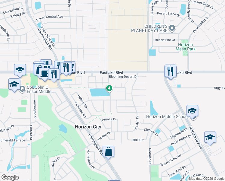 map of restaurants, bars, coffee shops, grocery stores, and more near 448 Benton Street in Horizon City