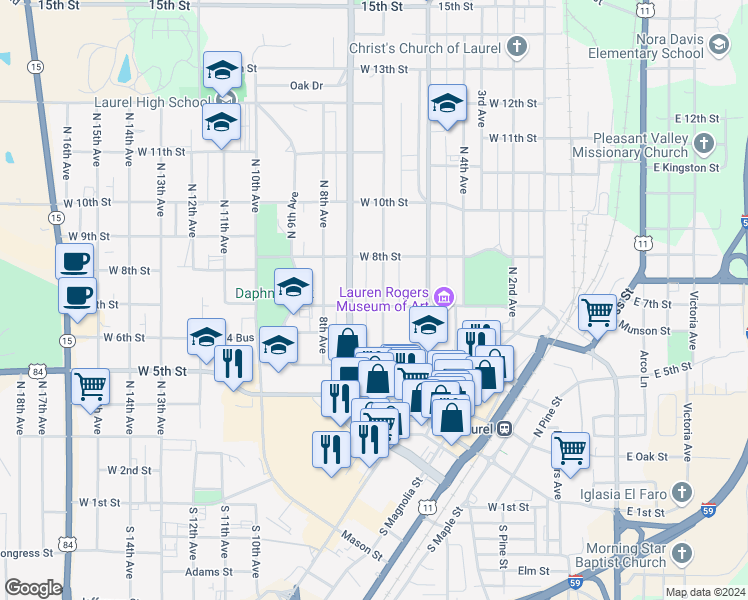 map of restaurants, bars, coffee shops, grocery stores, and more near 706 North 6th Avenue in Laurel