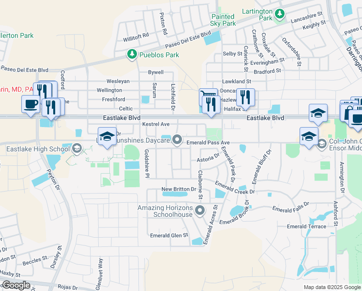 map of restaurants, bars, coffee shops, grocery stores, and more near 13277 Walker Post Avenue in El Paso