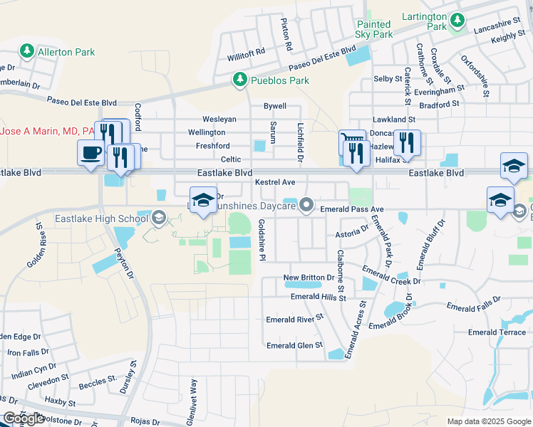 map of restaurants, bars, coffee shops, grocery stores, and more near 13215 Walker Post Avenue in El Paso