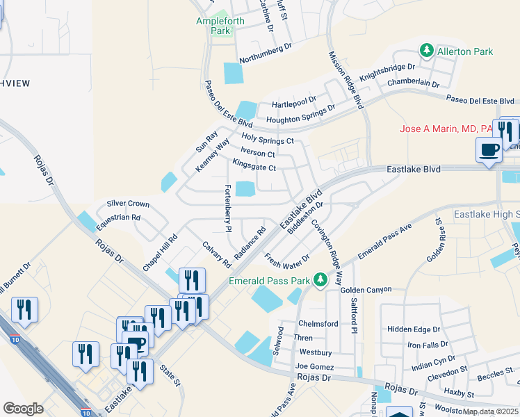 map of restaurants, bars, coffee shops, grocery stores, and more near 12234 Sun Bridge Place in El Paso