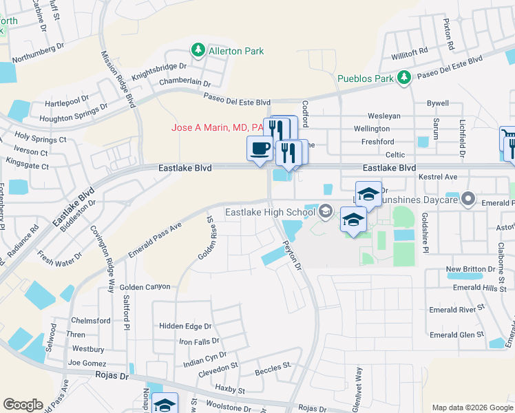 map of restaurants, bars, coffee shops, grocery stores, and more near 12996 Emerald Pass Avenue in El Paso