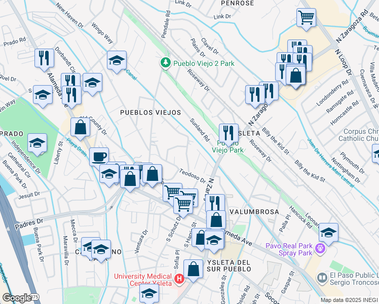 map of restaurants, bars, coffee shops, grocery stores, and more near 8930 Gemotes Place in El Paso