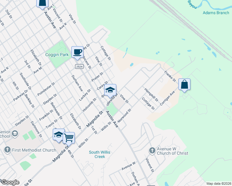 map of restaurants, bars, coffee shops, grocery stores, and more near 2622 Vincent Street in Brownwood