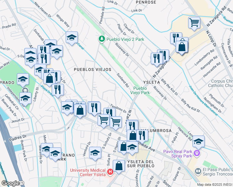 map of restaurants, bars, coffee shops, grocery stores, and more near 8930 Gemotes Place in El Paso