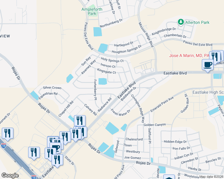 map of restaurants, bars, coffee shops, grocery stores, and more near 12240 Sun Bridge Place in El Paso