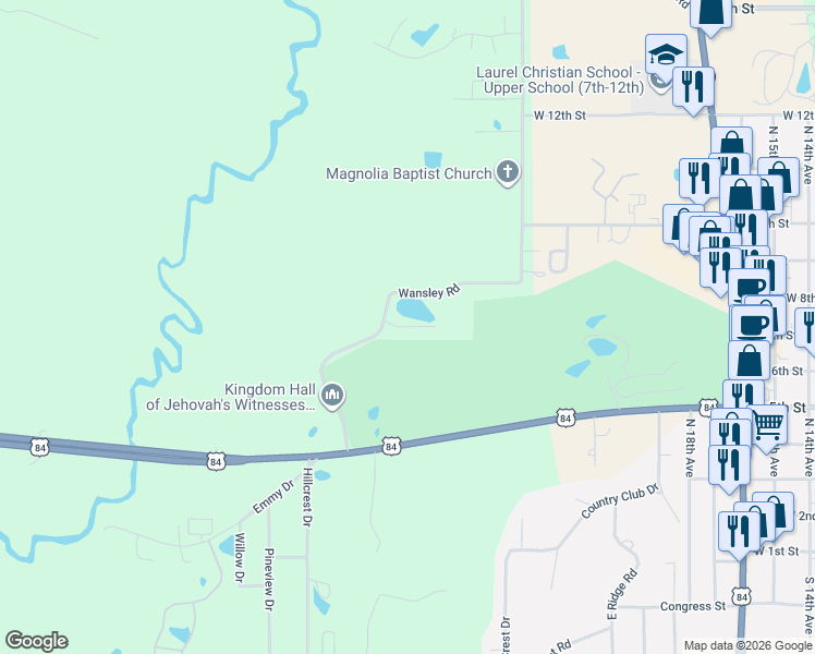 map of restaurants, bars, coffee shops, grocery stores, and more near Twin Oaks Place in Laurel