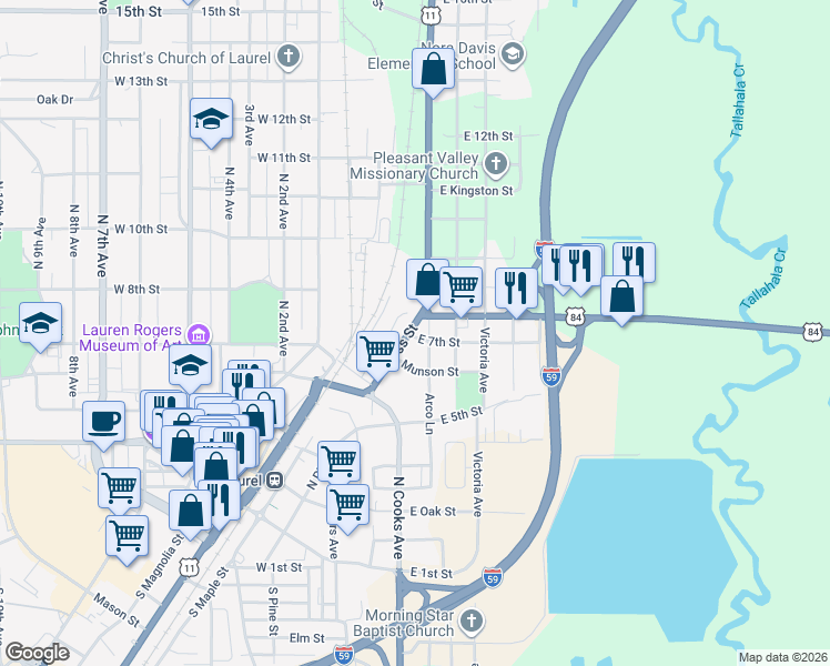 map of restaurants, bars, coffee shops, grocery stores, and more near 600-698 Arco Lane in Laurel
