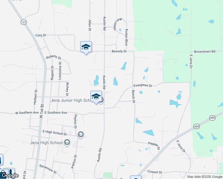 map of restaurants, bars, coffee shops, grocery stores, and more near 2505 Evergreen Drive in Jena
