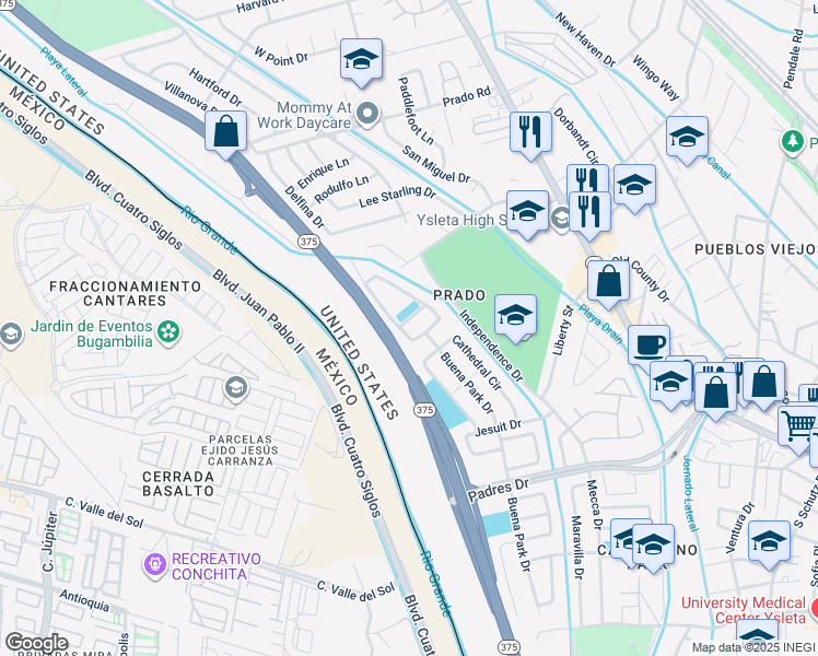 map of restaurants, bars, coffee shops, grocery stores, and more near 312 Pilar Street in El Paso