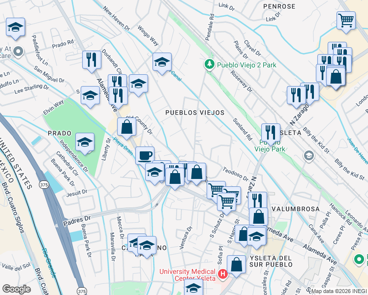 map of restaurants, bars, coffee shops, grocery stores, and more near 139 Pendale Road in El Paso