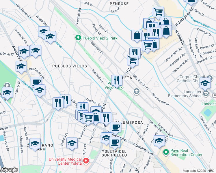 map of restaurants, bars, coffee shops, grocery stores, and more near 1837 Por Fin Lane in El Paso