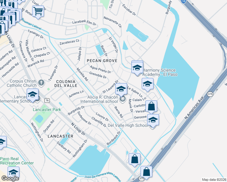 map of restaurants, bars, coffee shops, grocery stores, and more near 942 Saint Laurent Drive in El Paso