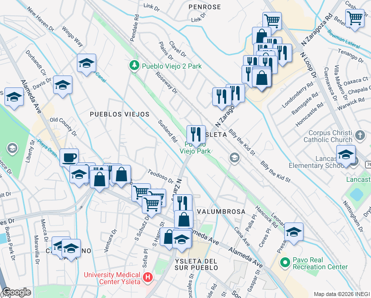 map of restaurants, bars, coffee shops, grocery stores, and more near 1837 Por Fin Lane in El Paso