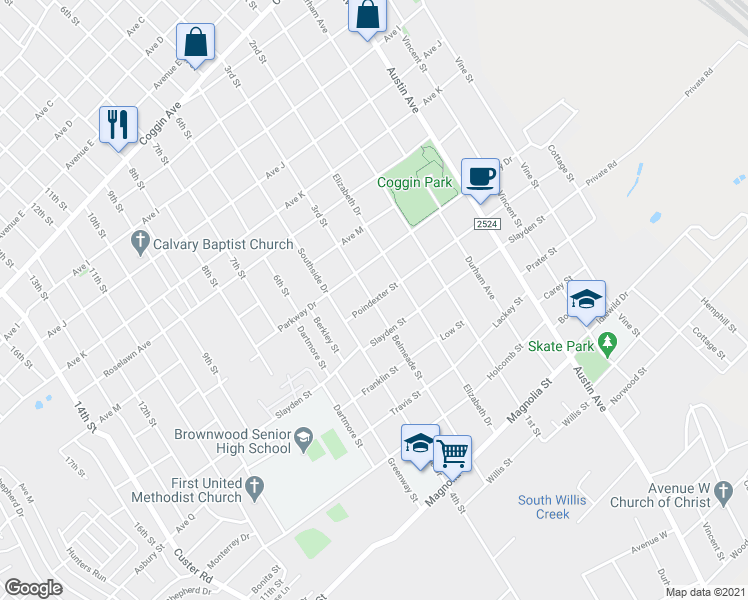 map of restaurants, bars, coffee shops, grocery stores, and more near 2210 Poindexter Street in Brownwood