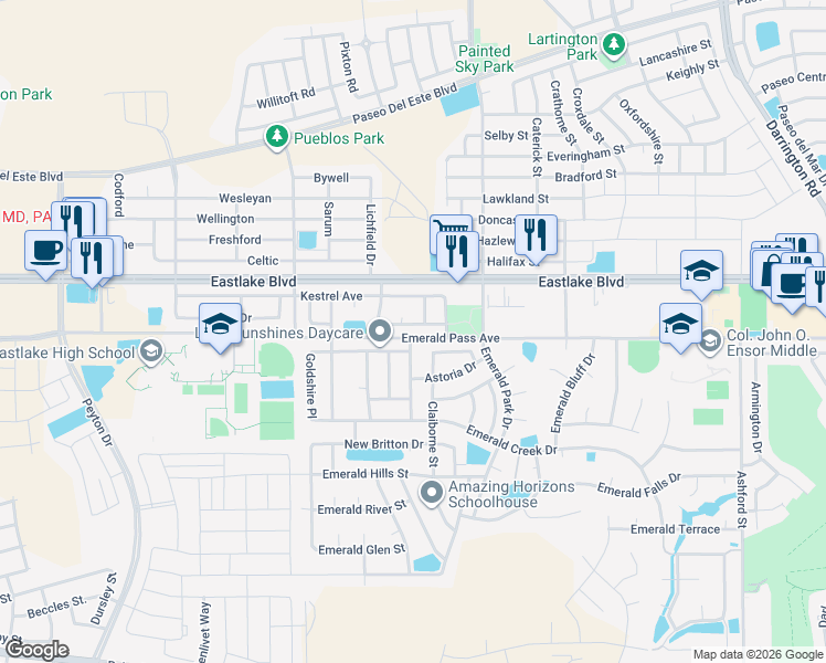 map of restaurants, bars, coffee shops, grocery stores, and more near 13275 Zambia Court in Horizon City