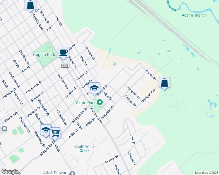 map of restaurants, bars, coffee shops, grocery stores, and more near 700 Idlewild Drive in Brownwood