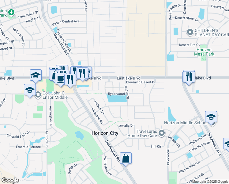 map of restaurants, bars, coffee shops, grocery stores, and more near 13821 Ryderwood in Horizon City