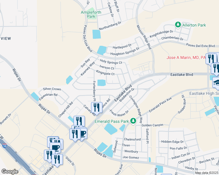 map of restaurants, bars, coffee shops, grocery stores, and more near 12269 Sun Bridge Place in El Paso