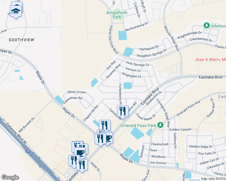 map of restaurants, bars, coffee shops, grocery stores, and more near 12193 Sun Bridge Place in El Paso
