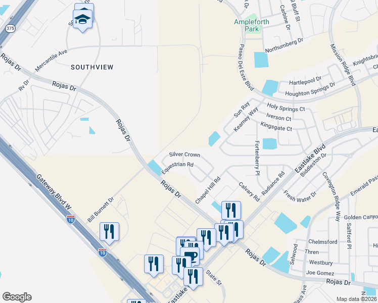 map of restaurants, bars, coffee shops, grocery stores, and more near 12073 Silver Crown Road in Horizon City