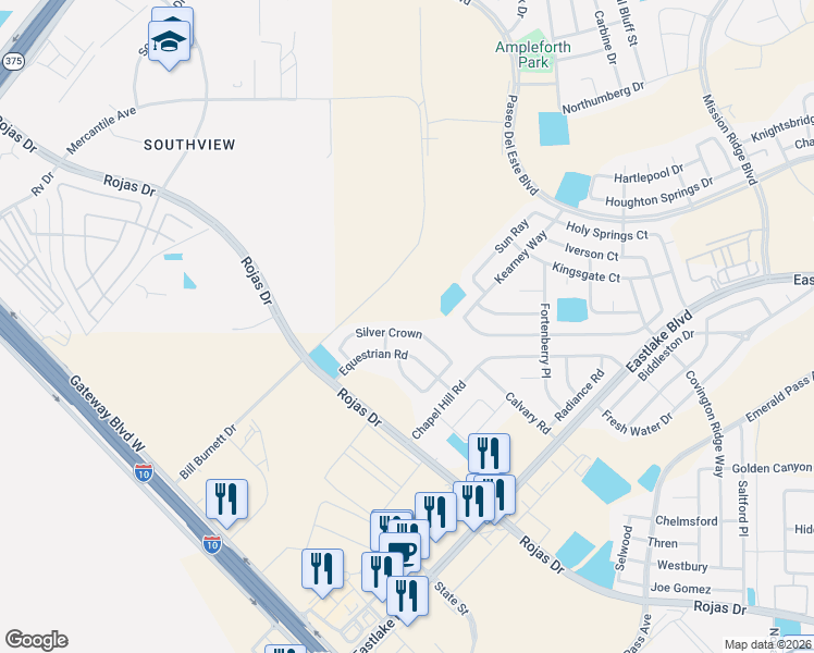 map of restaurants, bars, coffee shops, grocery stores, and more near 12073 Silver Crown Road in Horizon City