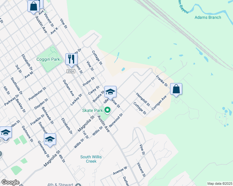 map of restaurants, bars, coffee shops, grocery stores, and more near 700 Idlewild Drive in Brownwood