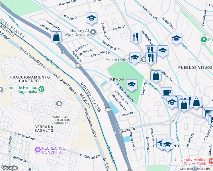 map of restaurants, bars, coffee shops, grocery stores, and more near 312 Pilar Street in El Paso