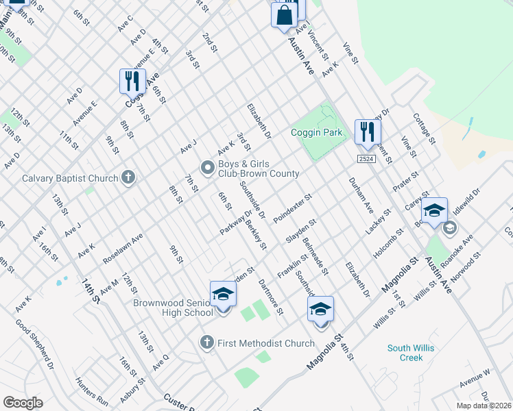 map of restaurants, bars, coffee shops, grocery stores, and more near 2707 Southside Drive in Brownwood