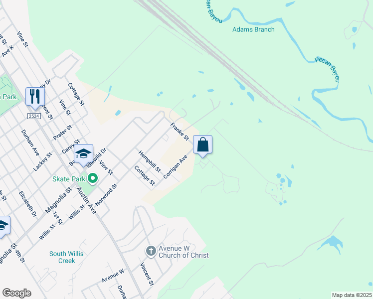 map of restaurants, bars, coffee shops, grocery stores, and more near 307 Corrigan Avenue in Brownwood