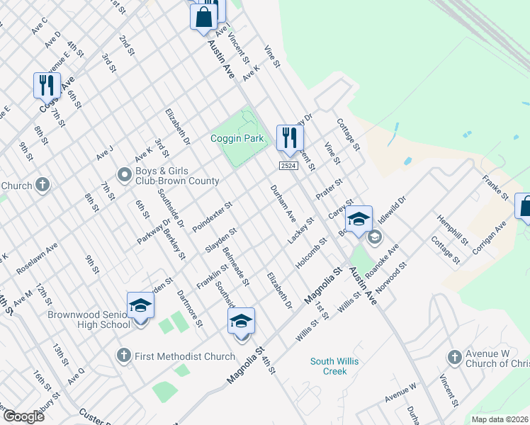 map of restaurants, bars, coffee shops, grocery stores, and more near 2402 1st Street in Brownwood
