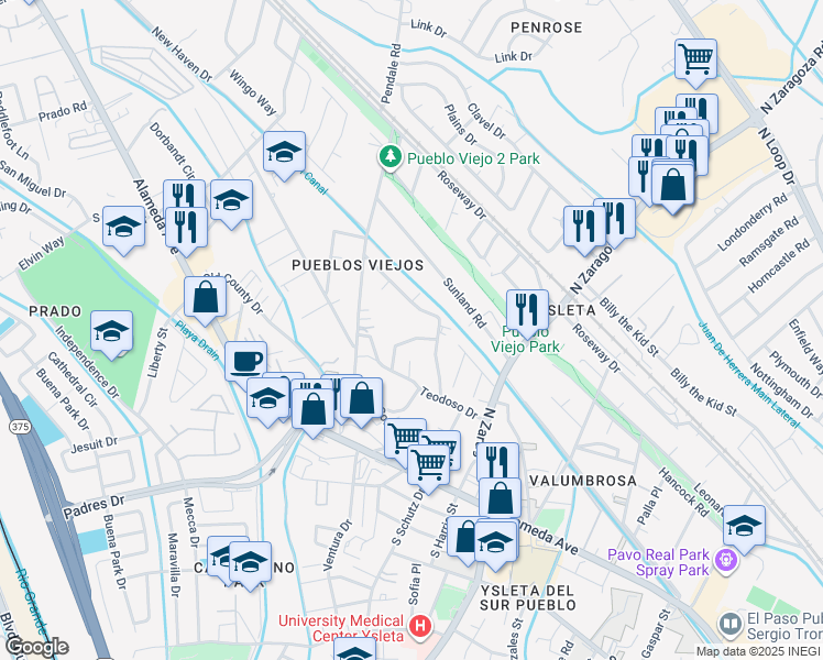 map of restaurants, bars, coffee shops, grocery stores, and more near 8878 Harding Way in El Paso