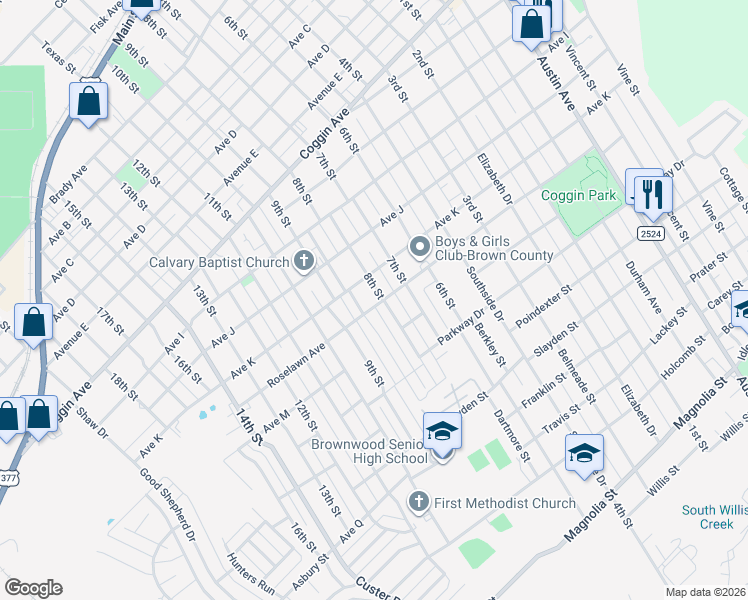 map of restaurants, bars, coffee shops, grocery stores, and more near 1909 8th Street in Brownwood