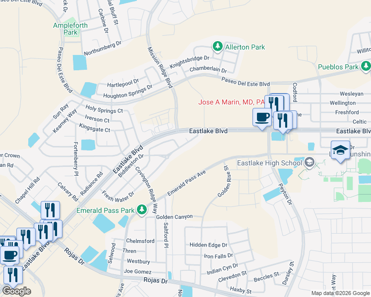 map of restaurants, bars, coffee shops, grocery stores, and more near 12388 Fresh Water Drive in Horizon City