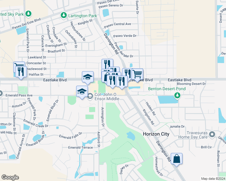 map of restaurants, bars, coffee shops, grocery stores, and more near 13650 Eastlake Boulevard in Horizon City