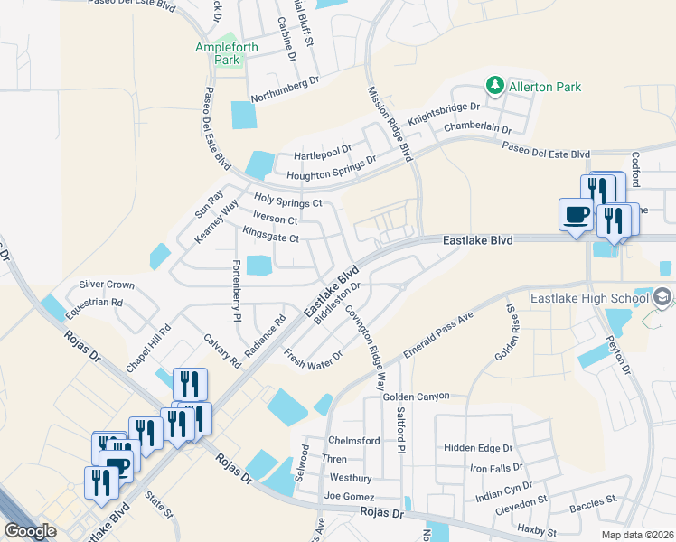 map of restaurants, bars, coffee shops, grocery stores, and more near 500 Centry Way in Horizon City