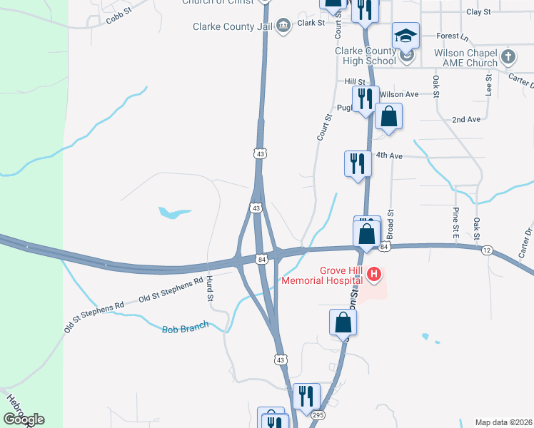 map of restaurants, bars, coffee shops, grocery stores, and more near Alabama 13 in Grove Hill