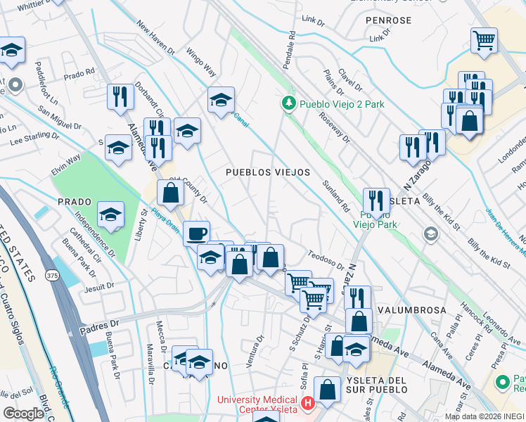 map of restaurants, bars, coffee shops, grocery stores, and more near 139 Pendale Road in El Paso
